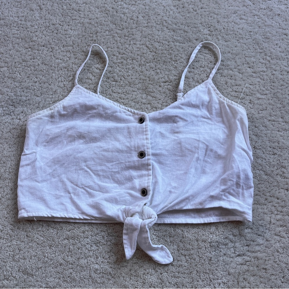 White Button-Down Tie-Front Linen Crop Top